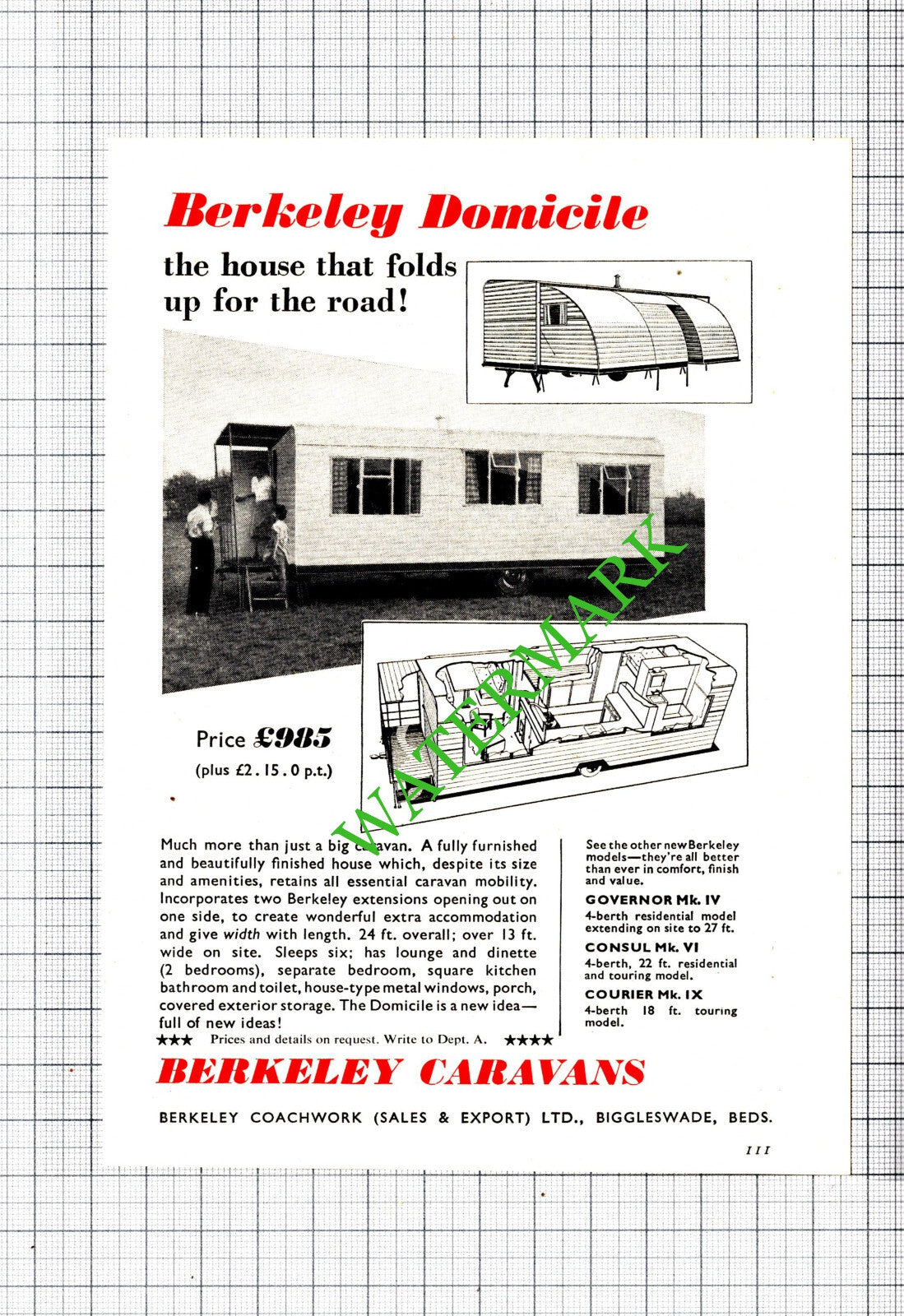 Berkeley Domicile Caravan Small Advert - 1955 Cutting