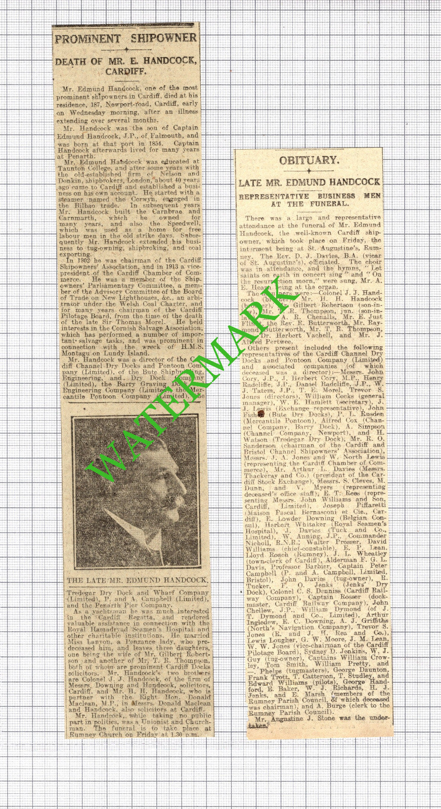 Mr Edmund Handcock Cardiff Shipowner - 1916 Two-Part News Cutting