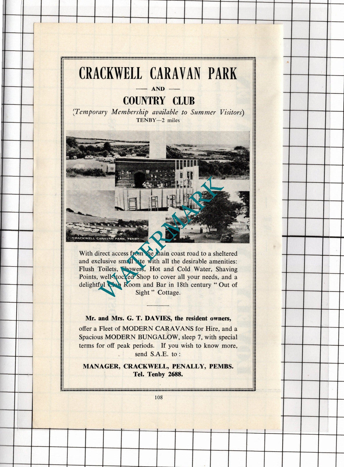 Crackwell Caravan Park Penally Wales Mr G T Davies ADVERT - 1962 Clipping