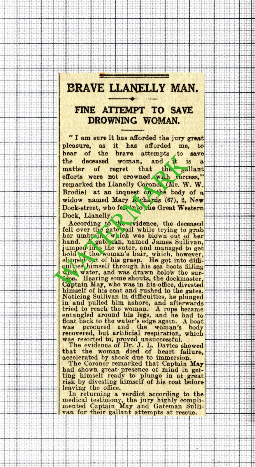 James Sullivan Llanelly Wales Mary Richards Captain May - 1916 Small Cutting