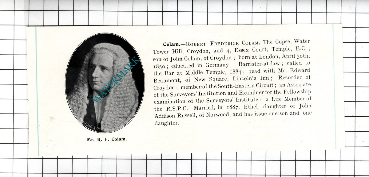 Mr Robert Frederick Colam The Copse Water Tower Hill Croydon -c.1905 Clipping