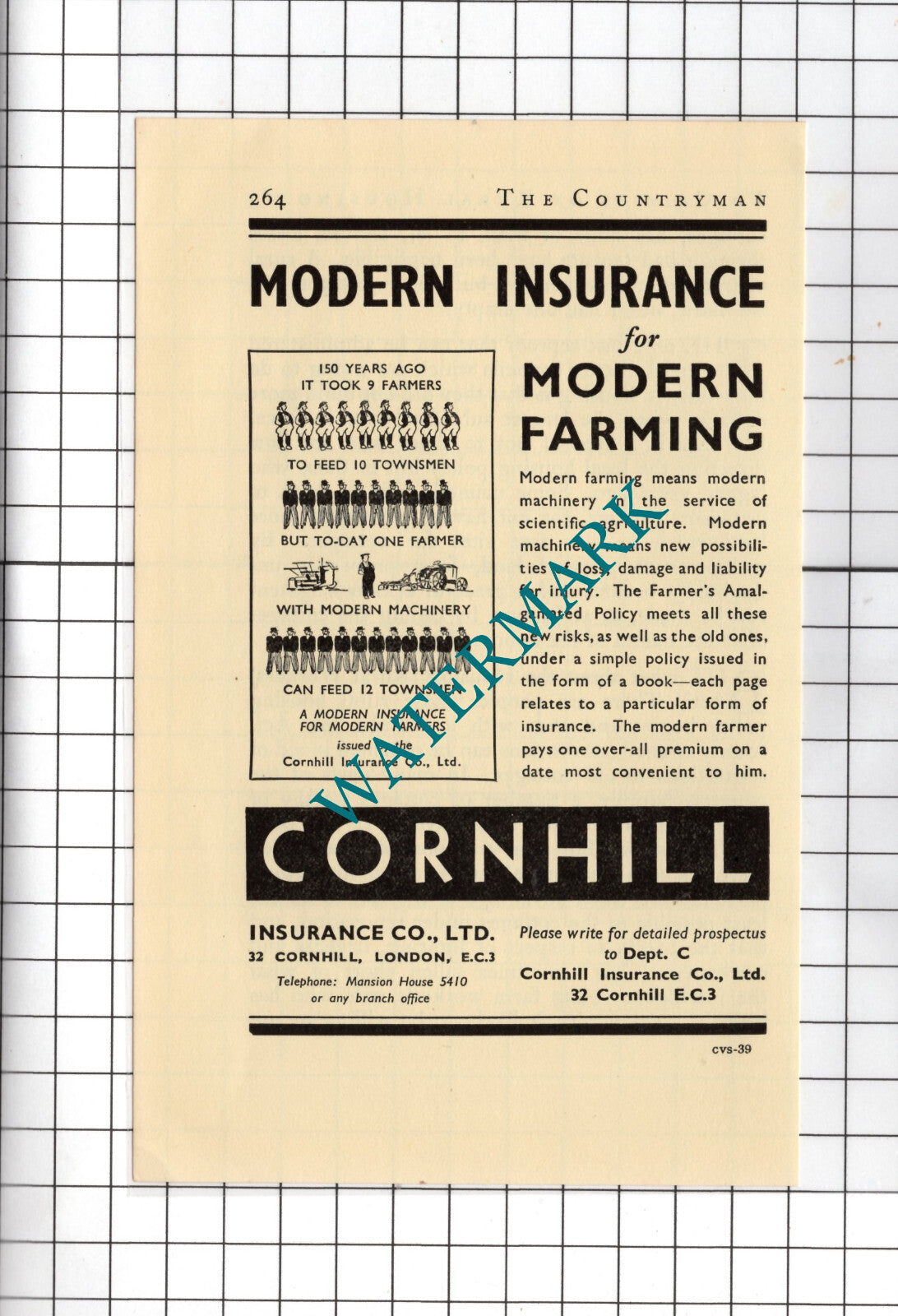 Cornhill Insurance Ltd Farming Farmer - 1938 Small Advert