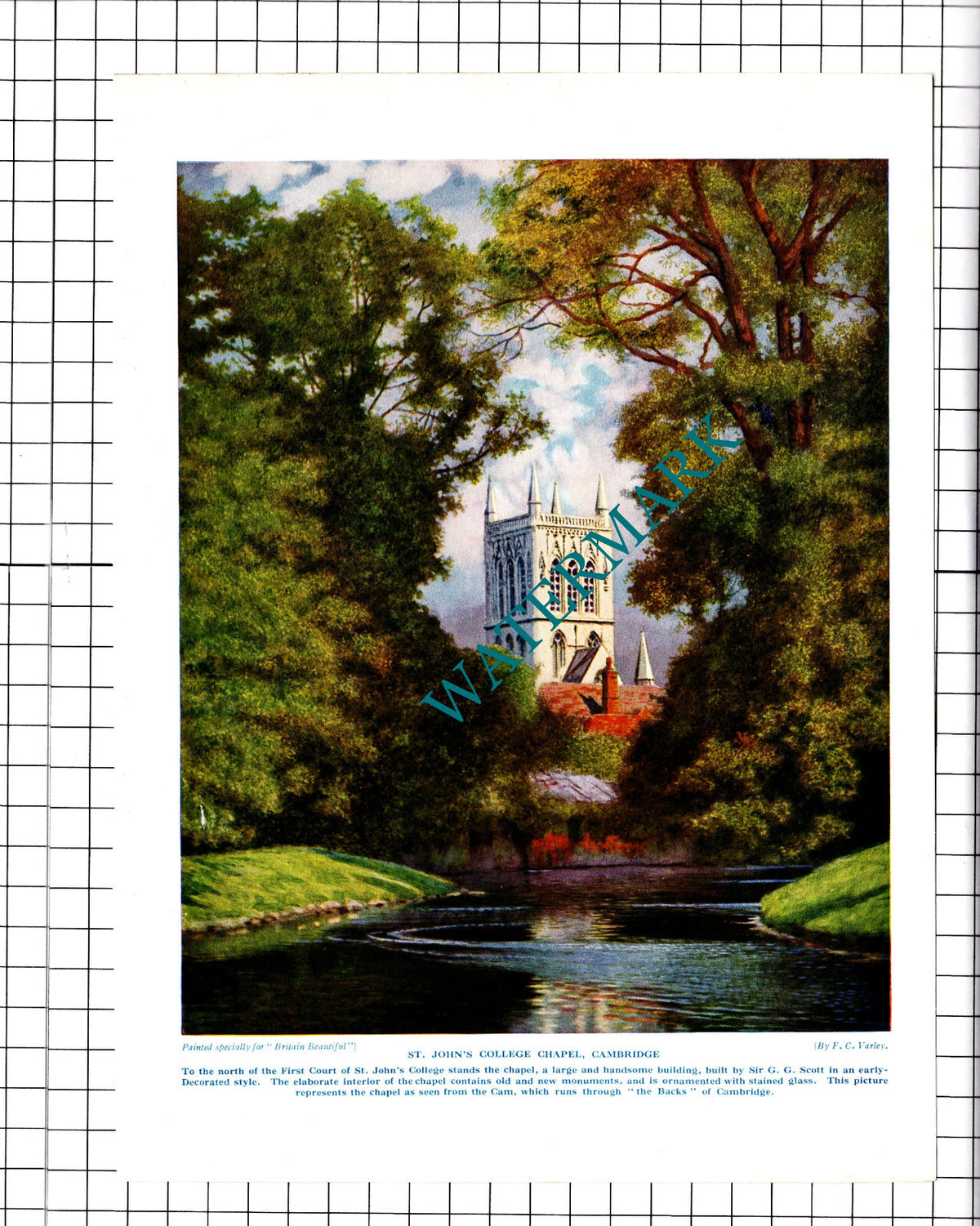 St John's College Chapel Cambridge F C Varley - c.1930s Print