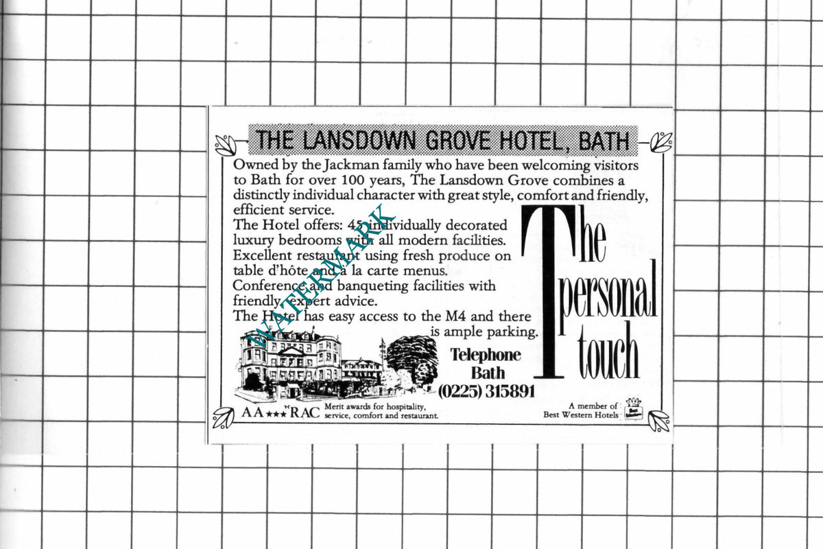 The Lansdown Grove Hotel Bath Jackman SMALL Advert - 1990 Clipping / Print