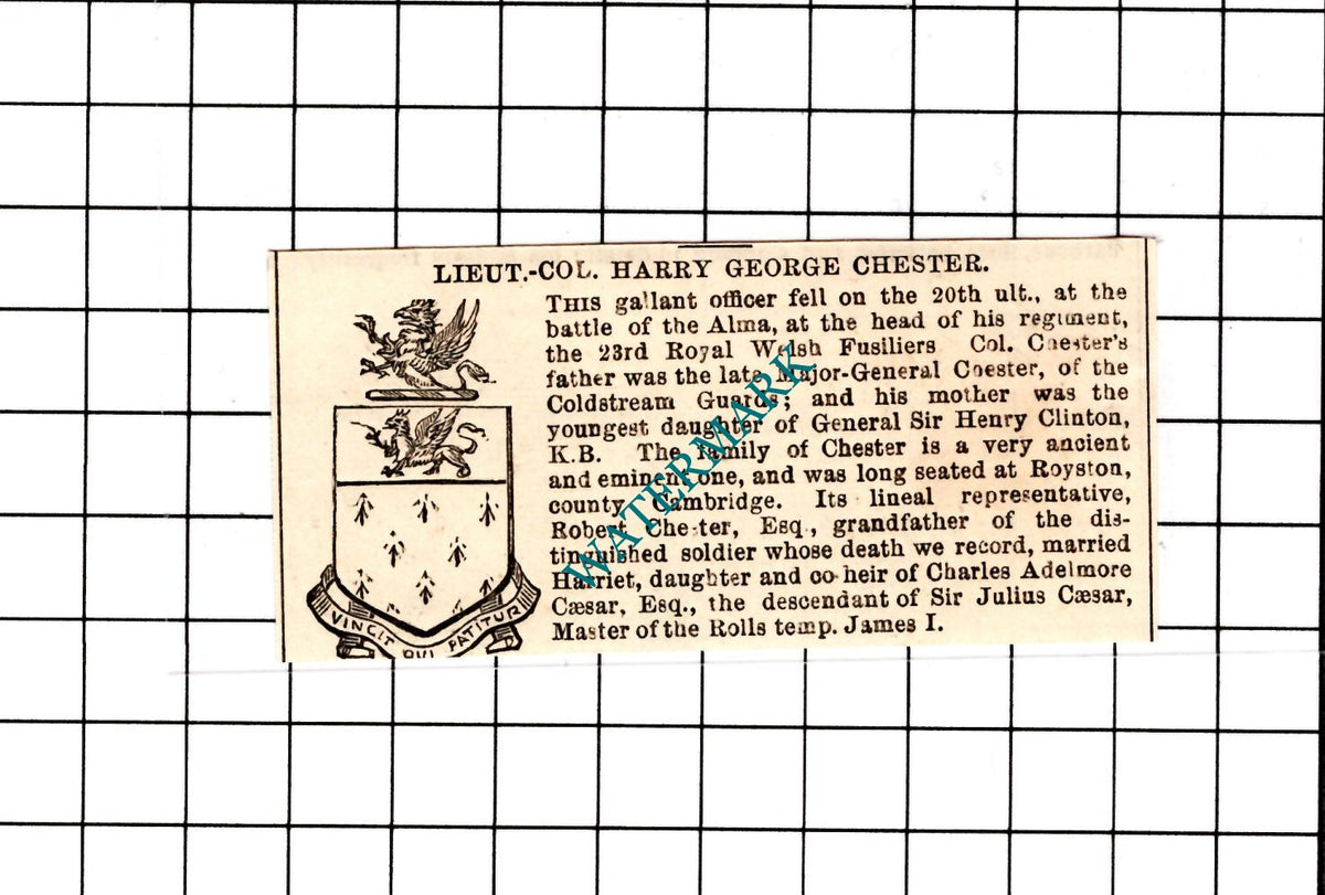 Lt Col Harry George Chester 23rd Royal Welsh Obituary - 1854 SMALL Clipping