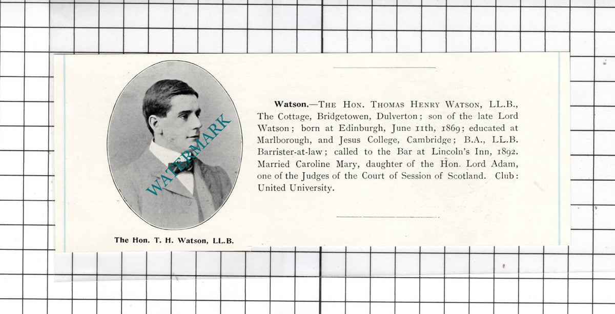 The Hon Thomas Henry Watson The Cottage Bridgetown Dulverton - c.1905 Clipping