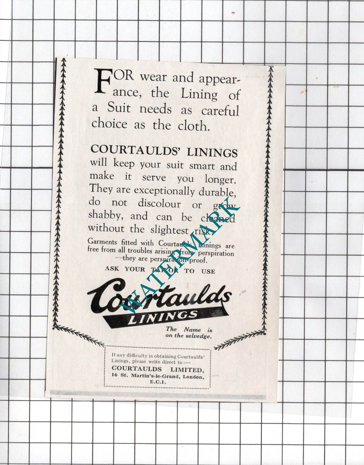 Mackenzie & Moncur Ltd / Courtaulds Limited London - 1927 Small Advert