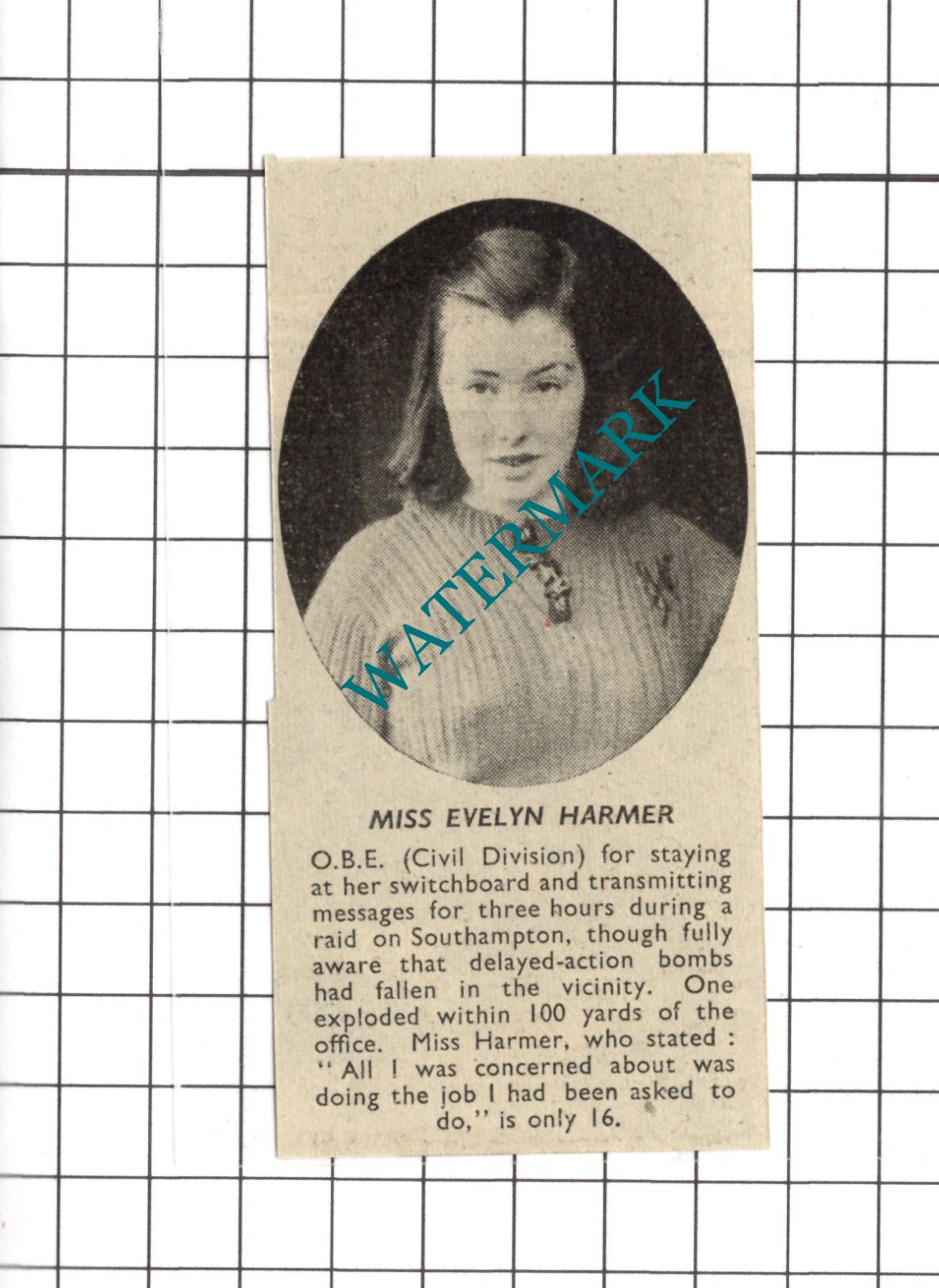 Miss Evelyn Harmer Southampton WW2 - 1941 SMALL Clipping/ Print