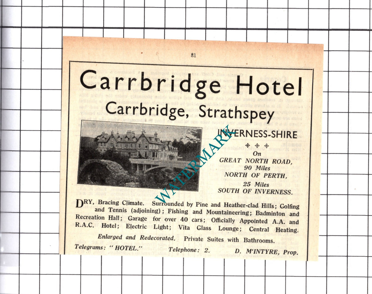 Carrbridge Hotel Carrbridge Strathspey McIntyre Small Advert - 1939 Cutting