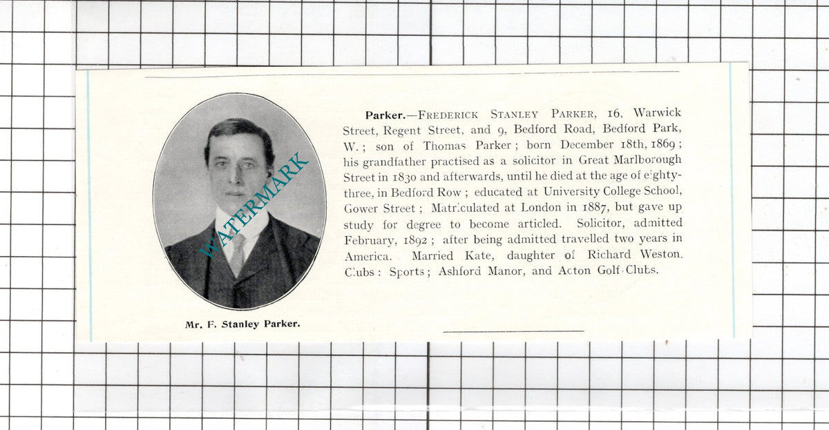 Frederick Stanley Parker 9 Bedford Road Bedford Park London - c.1905 Clipping