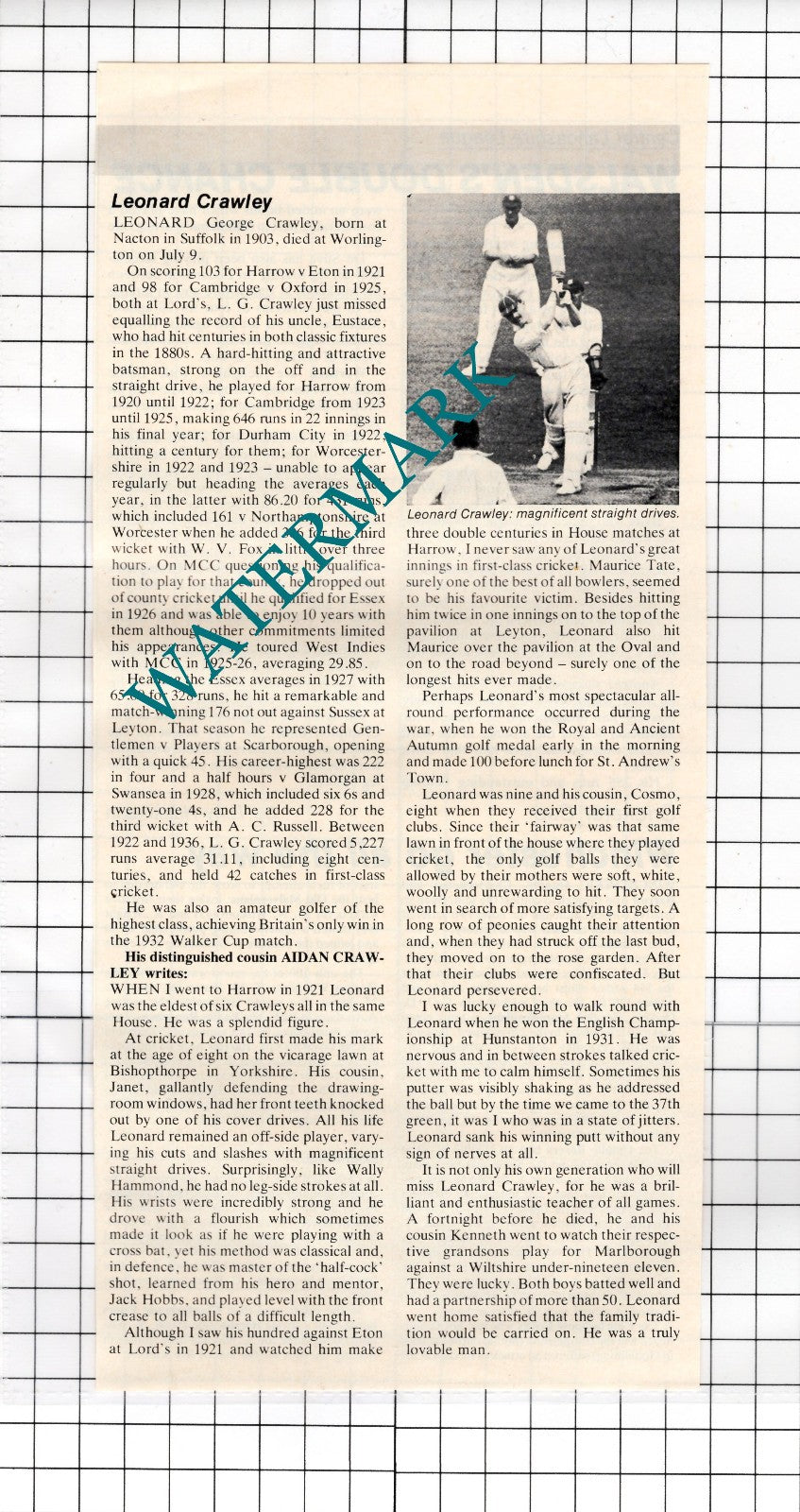 Leonard Crawley Cricketer Obituary - 1982 Clipping