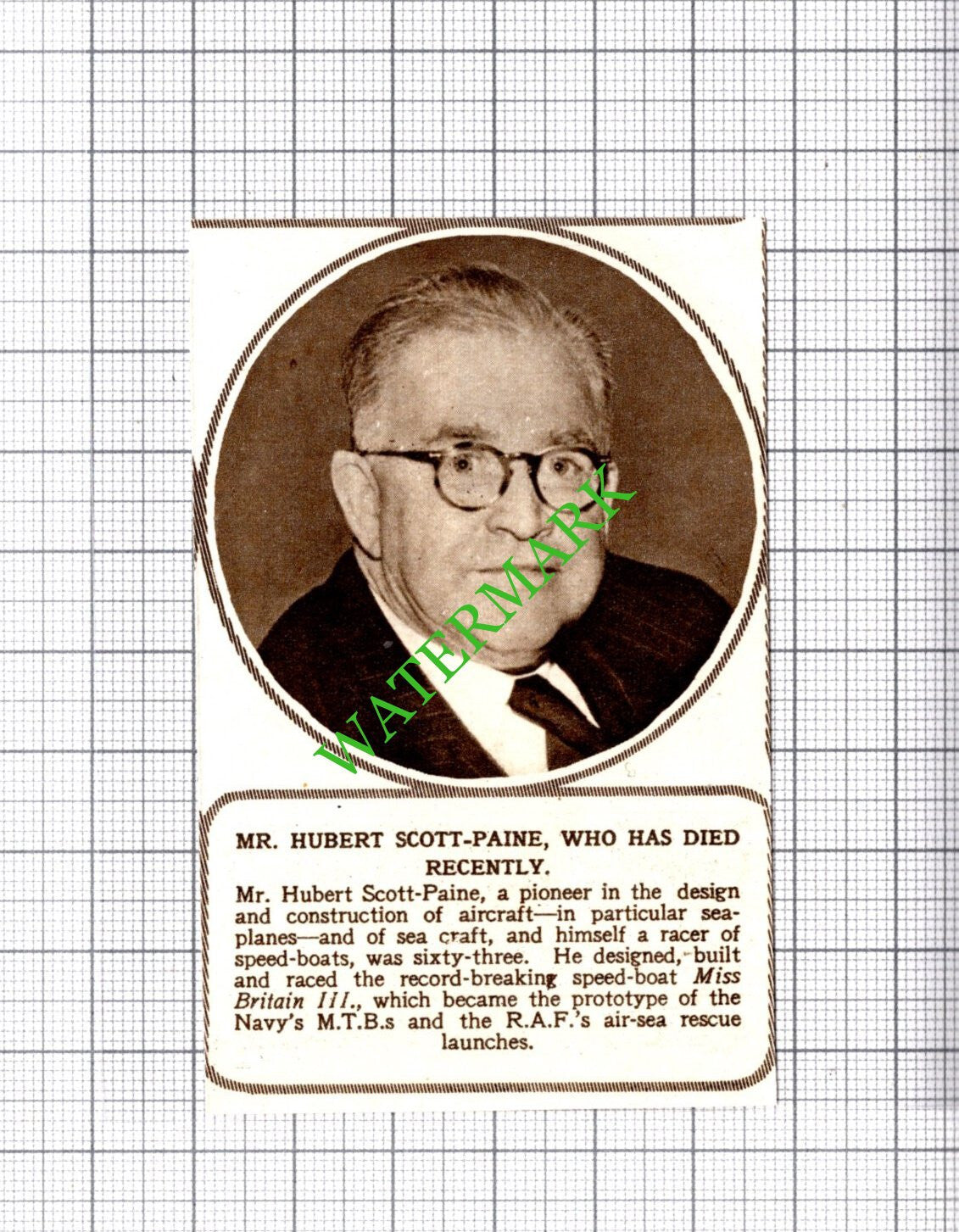 Mr Hubert Scott-Paine Obituary - 1954 Small Cutting