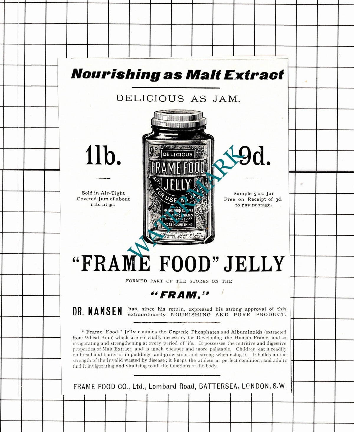 Frame Food Co Ltd Battersea London Frame Food Jelly - 1897 Small Advert