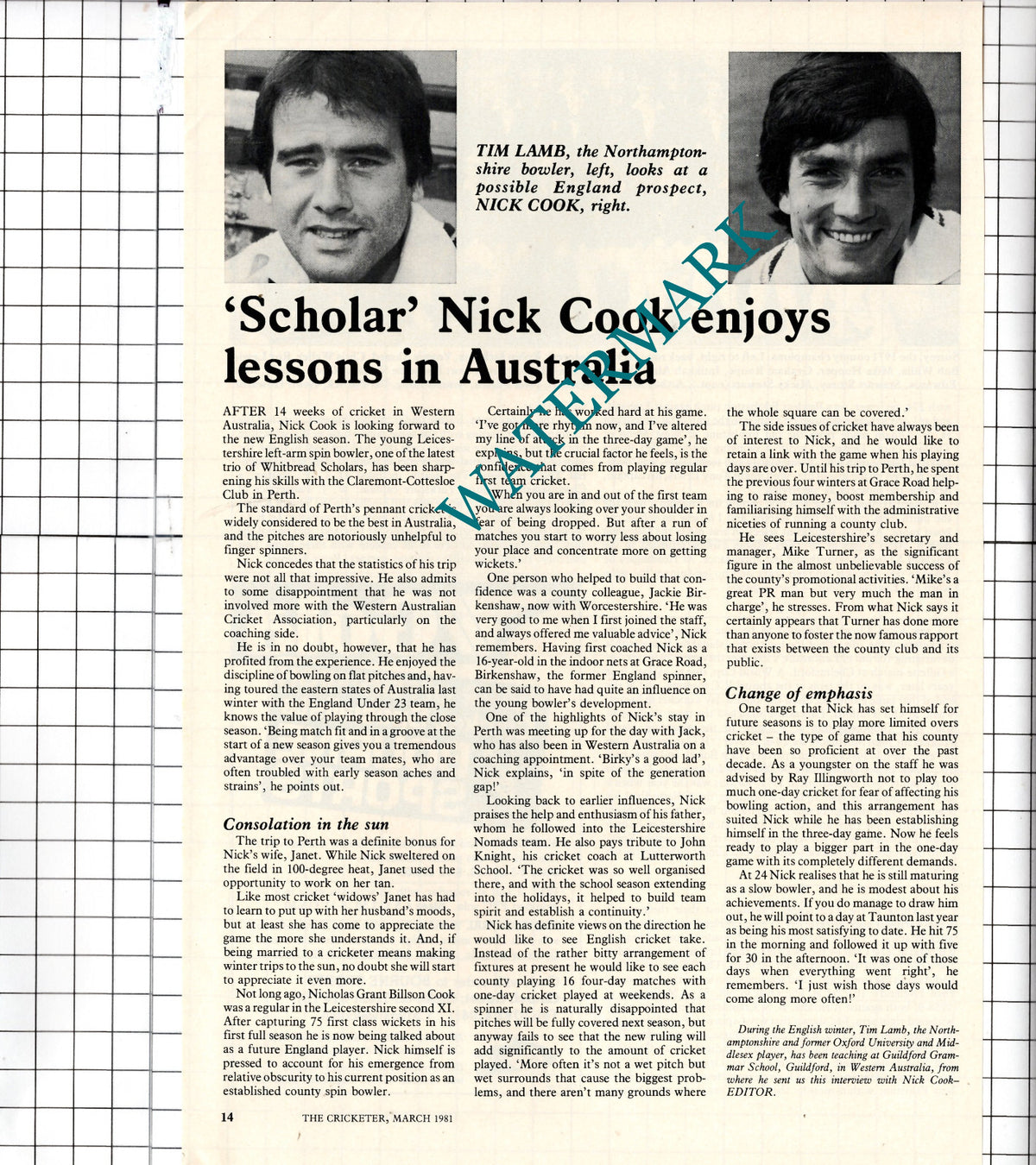 Nick Cook Cricketer - 1981 Article