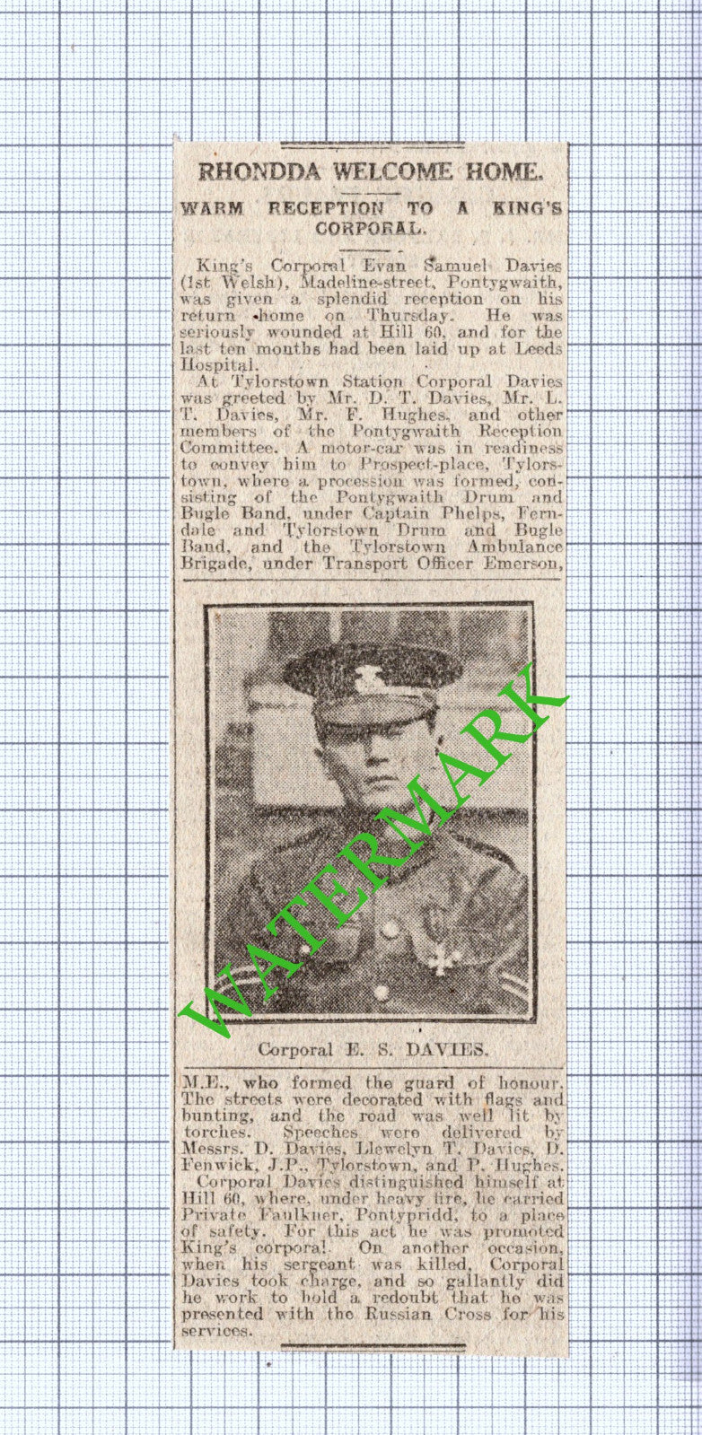 Cpl Evan Samuel Davies 1st Welsh Pontygwaith Wales WW1 - 1916 News Cutting