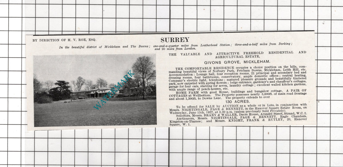 Givons Grove Mickleham Surrey H V Roe Esq - 1927 House Sale Advert
