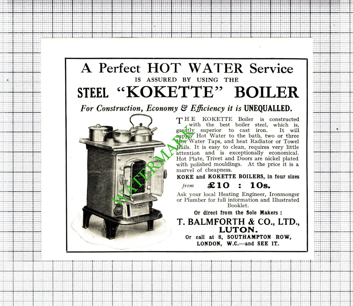 T Balmforth & Co Ltd Luton Kokette Boiler Advert - 1927 Cutting