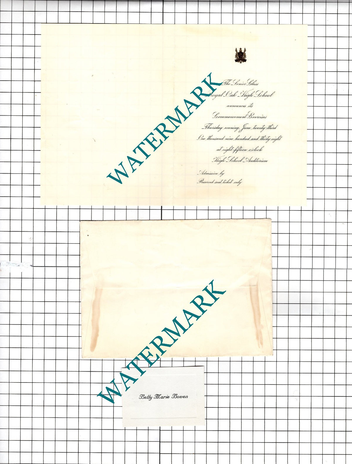 Betty Marie Bowen Royal Oak High School USA (?) - 1938 Letter / Announcement