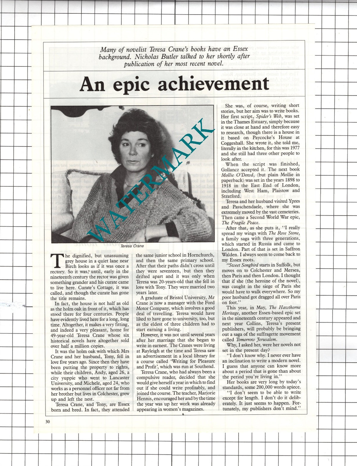 Teresa Crane Birch Essex Novelist Writer - 1988 Article