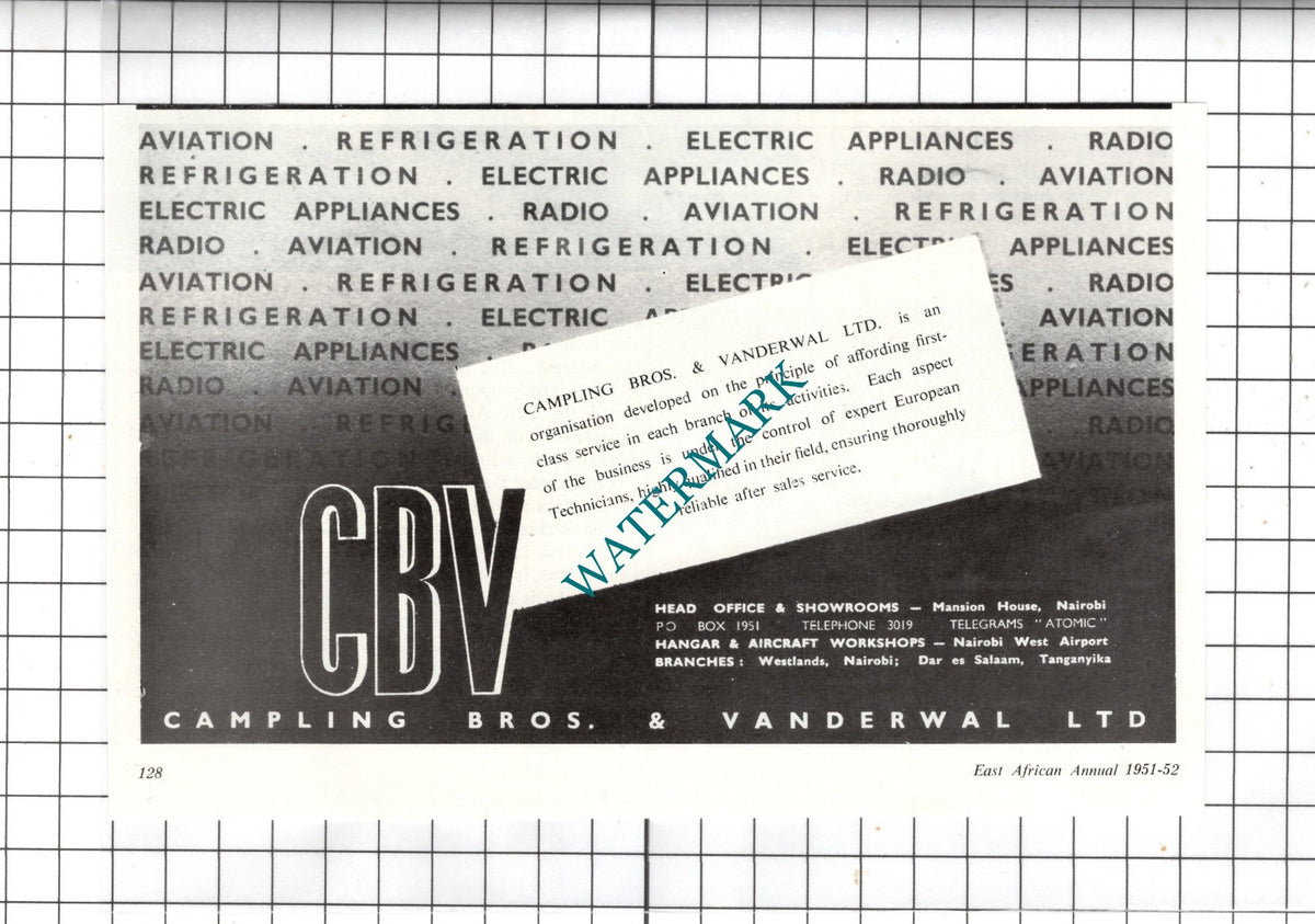 Campling Bros & Vanderwal Ltd CBV Nairobi Kenya - 1951 Advert