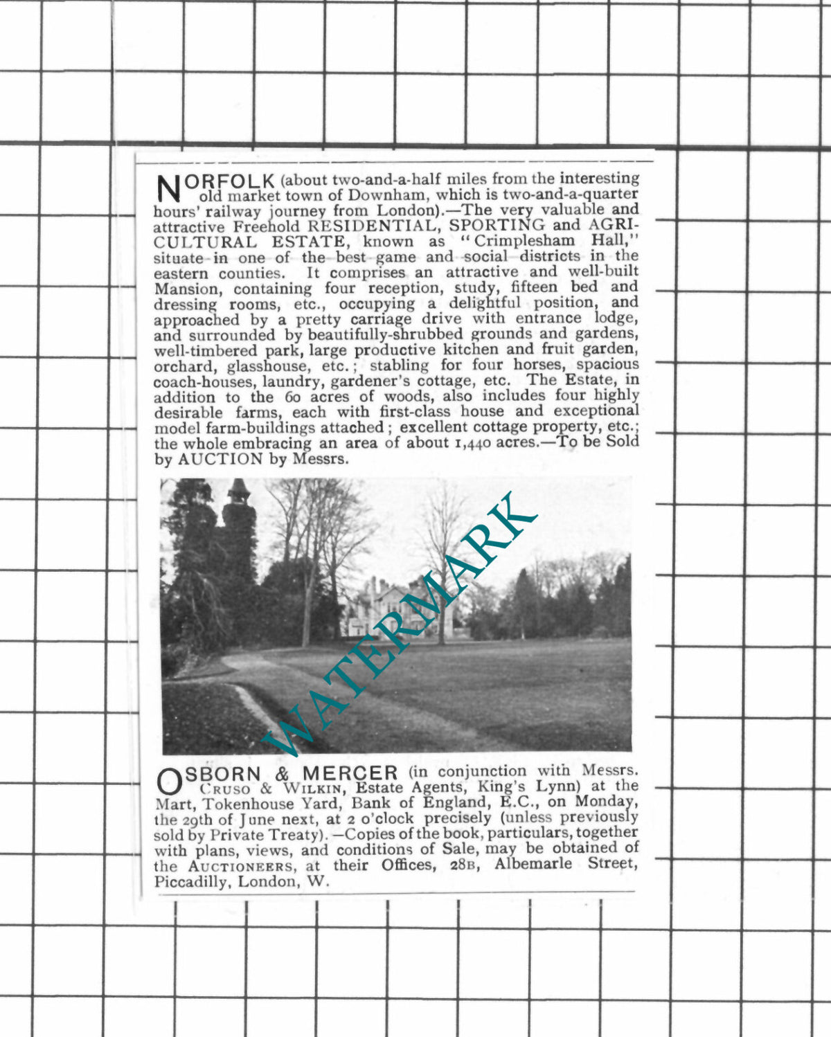 Crimplesham Hall Norfolk House Sale Advert - 1903 SMALL Clipping