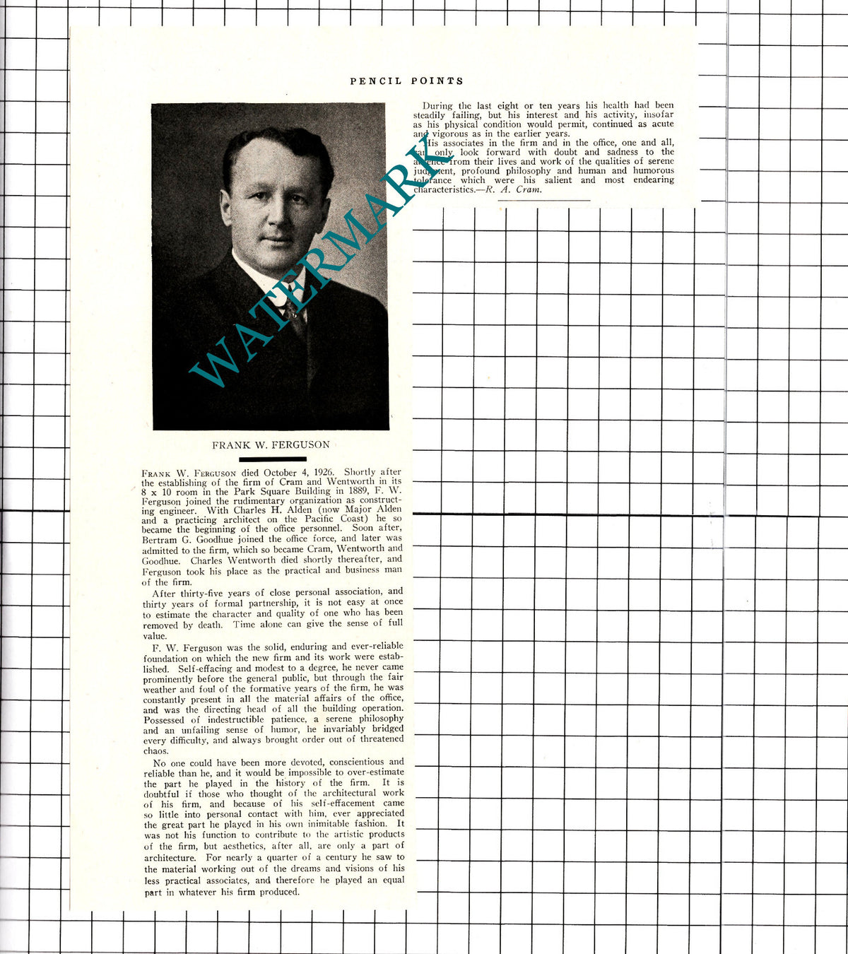 Frank F Ferguson Cram Wentworth Goodhue Obituary - 1926 Clipping / Print