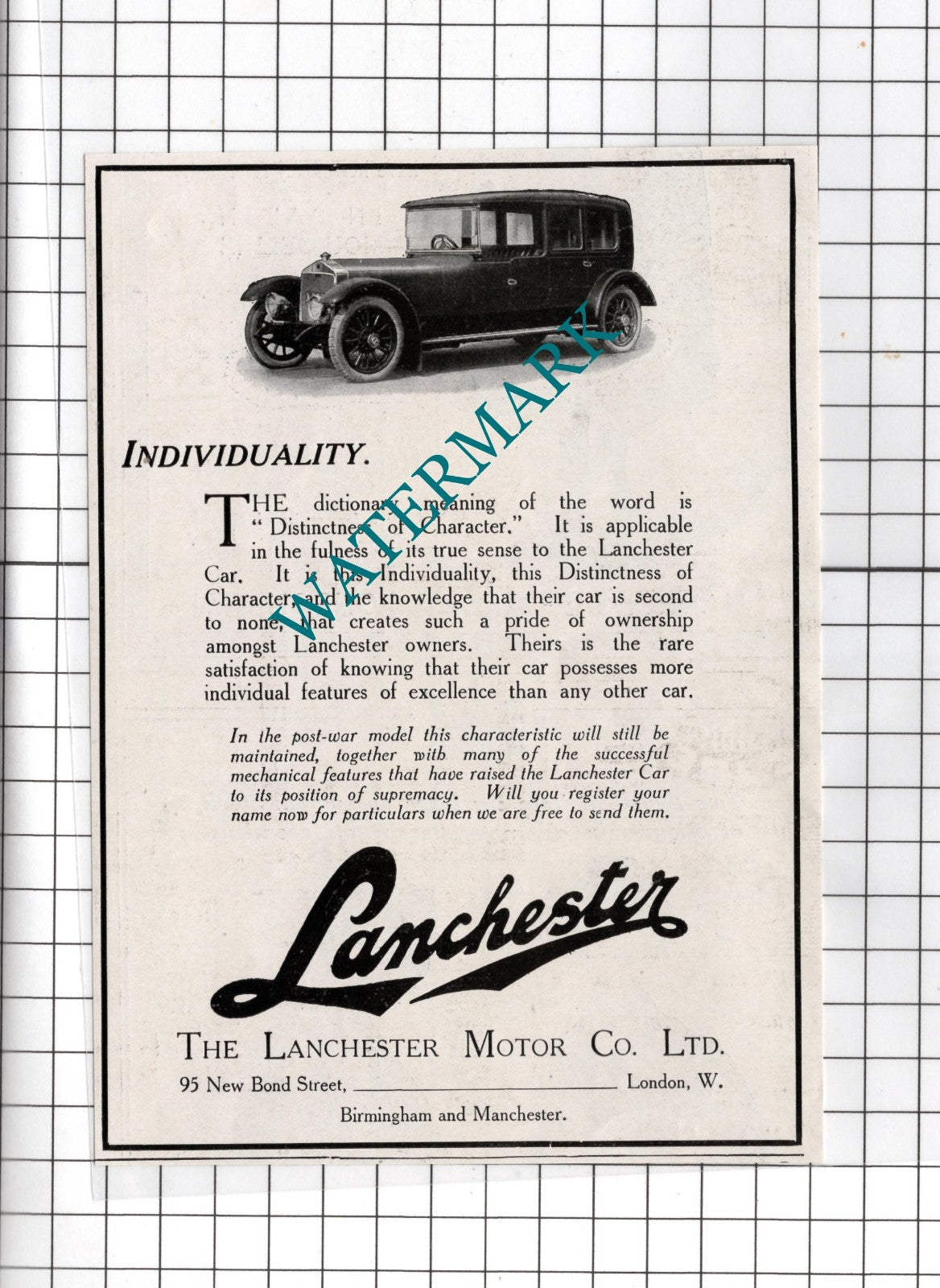 The Lanchester Motor Co Ltd London Lanchester Car Advert - 1918 Small Advert