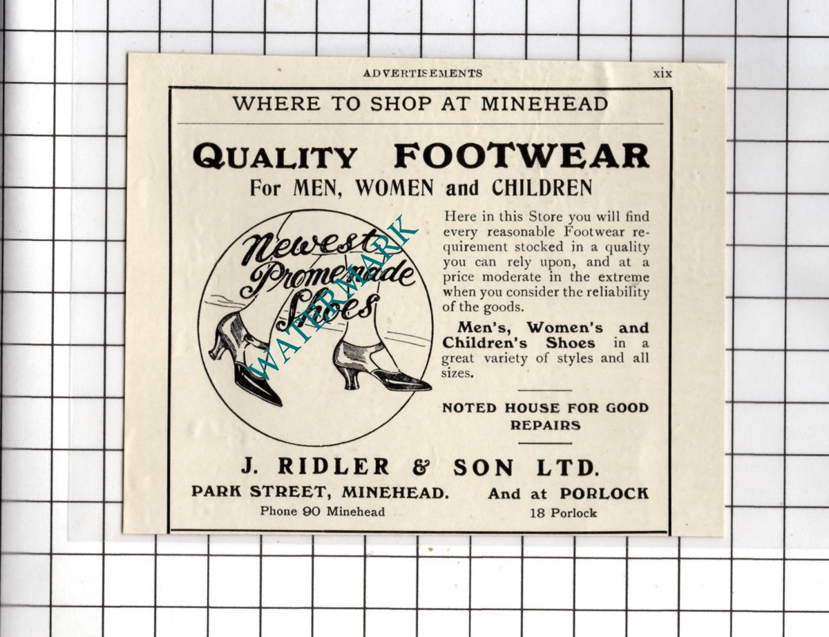 J Ridler & Son Ltd Park Street Minehead Somerset - c.1923 Small Advert