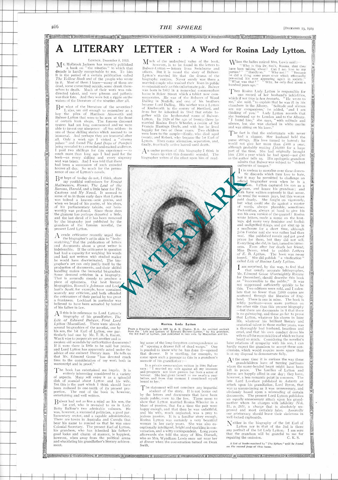 Rosina Lady Lytton - 1913 News Page / Print
