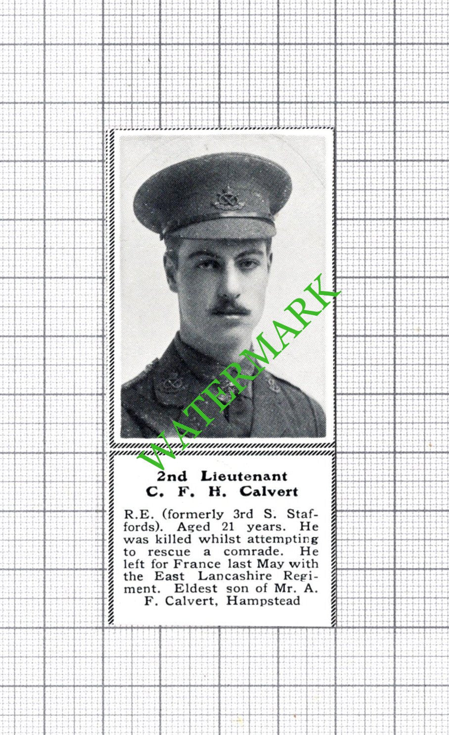 2nd Lt CFH Calvert Royal Engineers Hampstead -c.1918 SMALL Cutting