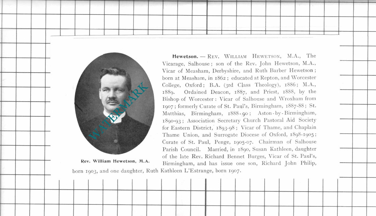 Rev John James Hampson Costessey / Rev William Hewetson Salhouse - 1911 Clipping