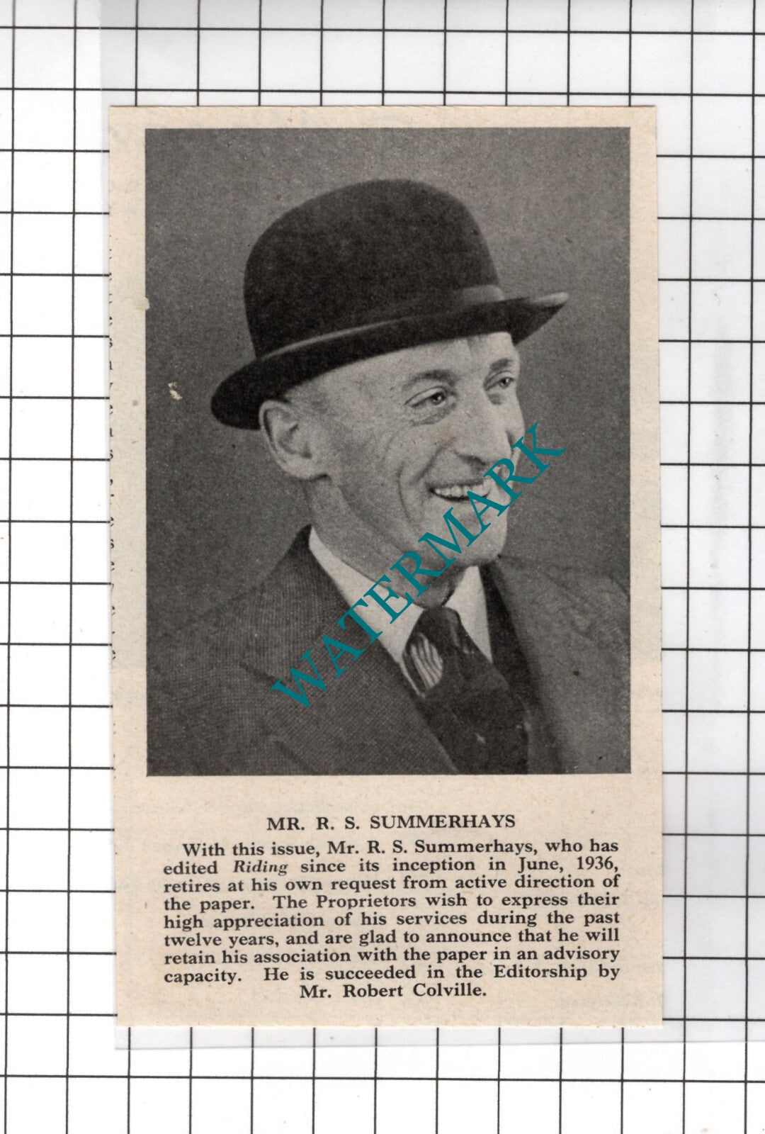 Mr R S Summerhays Editor Retirement - 1949 Small Clipping