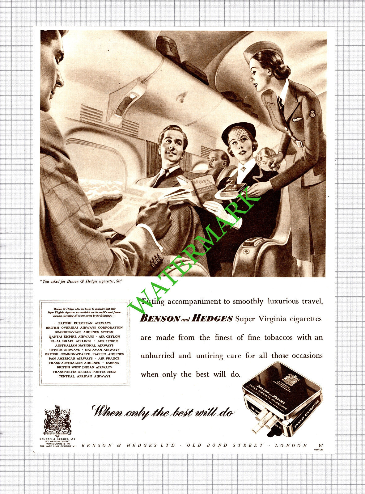 Benson and Hedges Cigarettes Airline Plane Advert -1954 Cutting