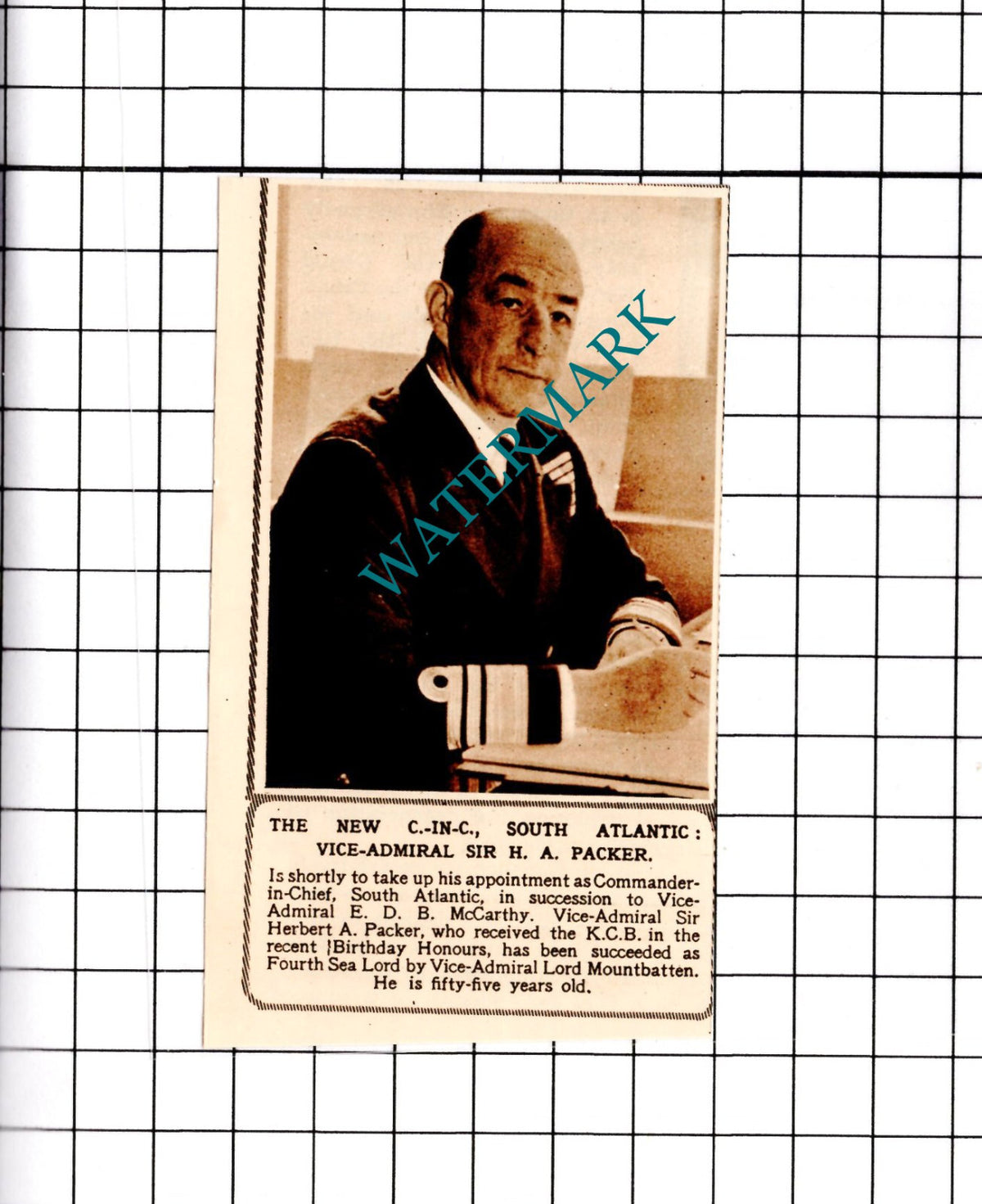 Vice Admiral Herbert A Packer - 1950 SMALL Clipping / Print