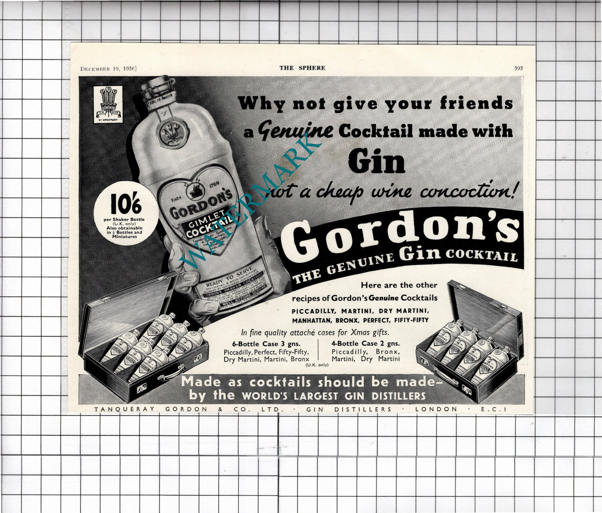 Tanqueray Gordon & Co Ltd Gordon's Gin ADVERT - 1936 Clipping