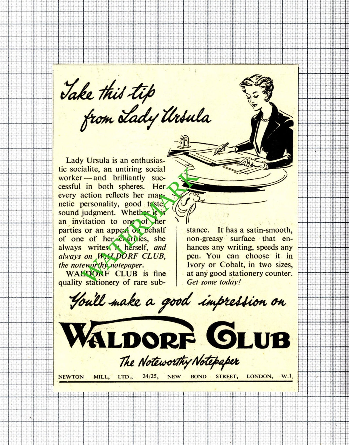 Waldorf Club Notepaper Lady Ursula SMALL ADVERT - 1951 Cutting