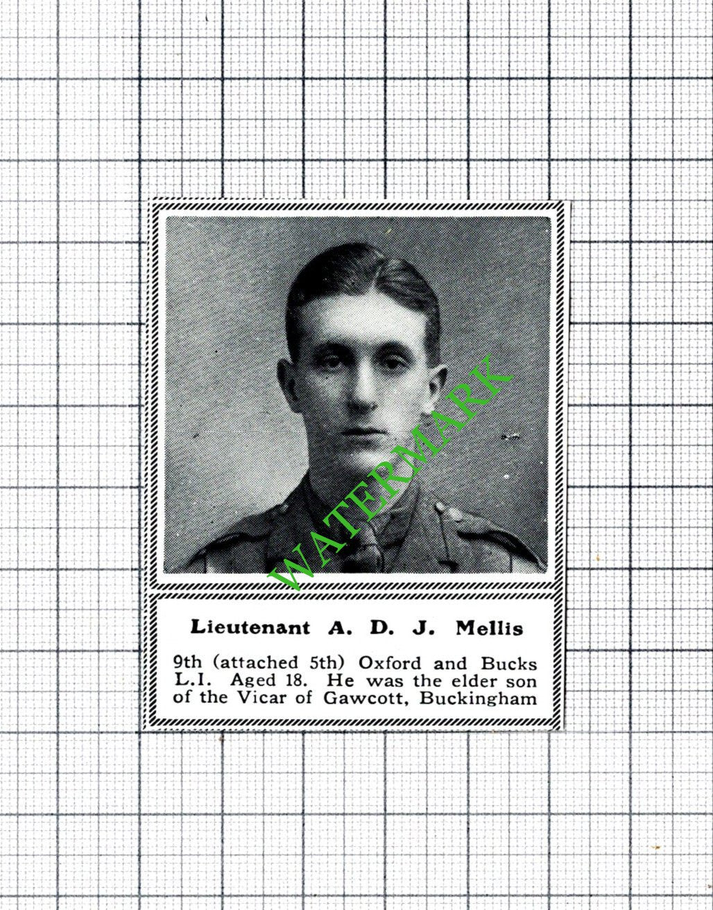 Lt A D J Mellis 9th Oxford and Bucks LI Gawcott WW1- c.1918 SMALL Cutting