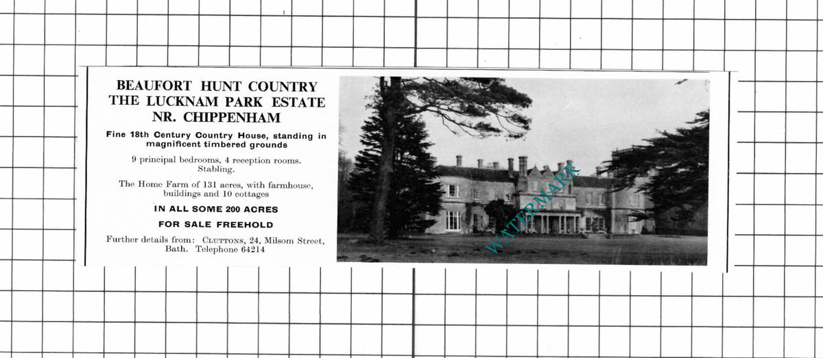 The Lucknam Park Estate Chippenham Wiltshire House Sale Advert - 1967 Clipping
