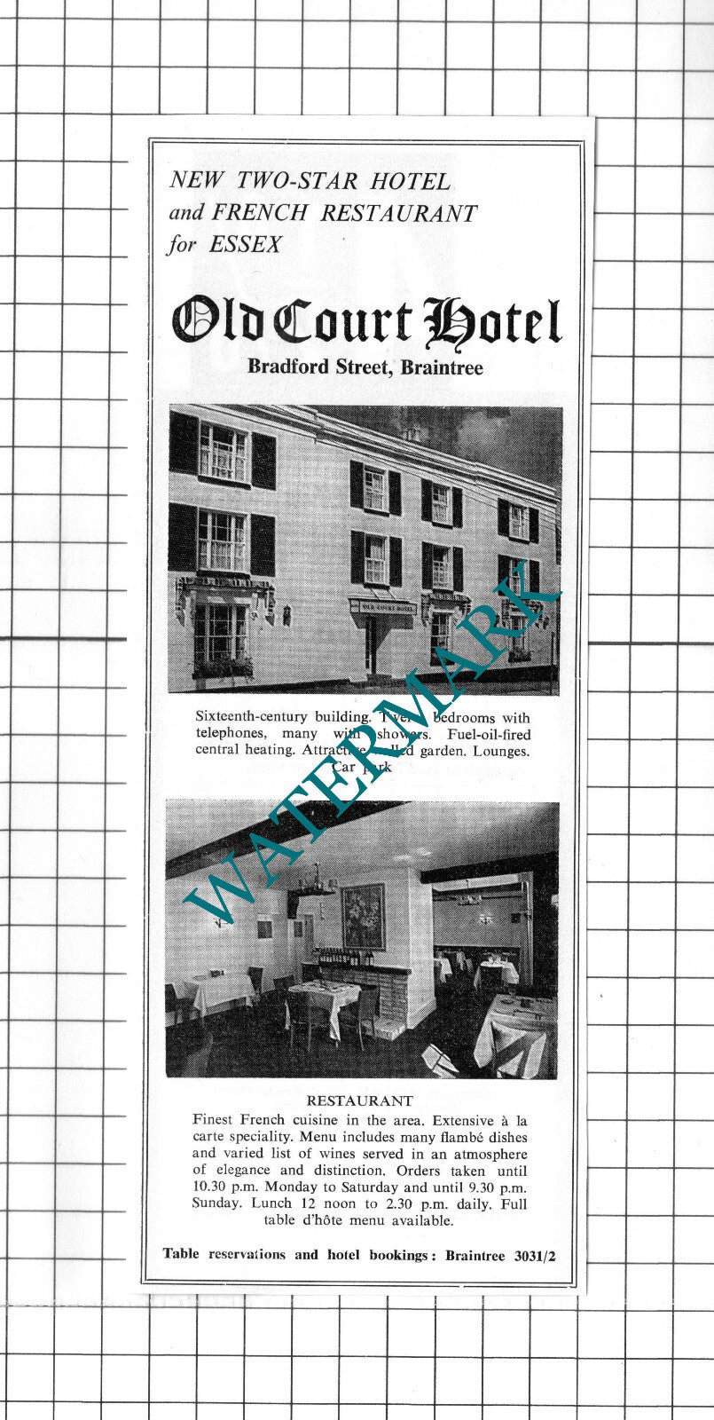 Old Court Hotel Braintree Essex Advert - c.1967 Clipping / Print
