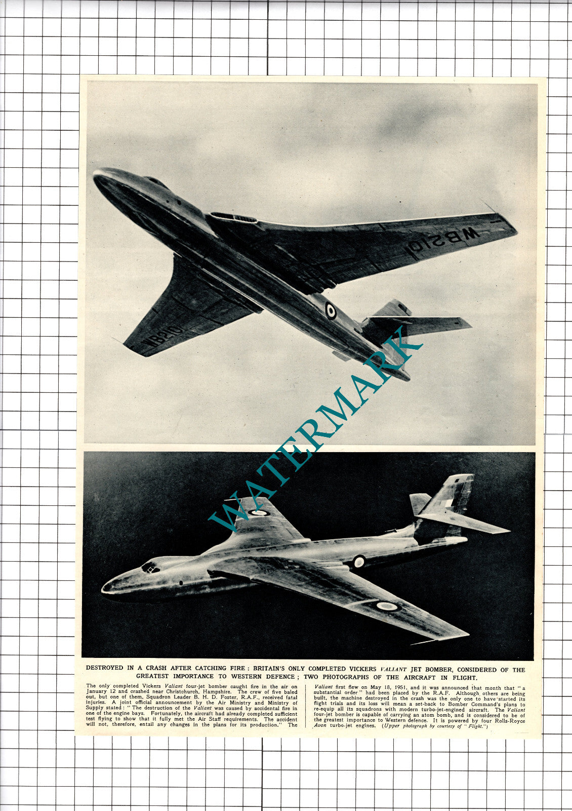 Christchurch Hampshire Vickers Valiant Bomber Plane Crash BHD Foster- 1952 Print