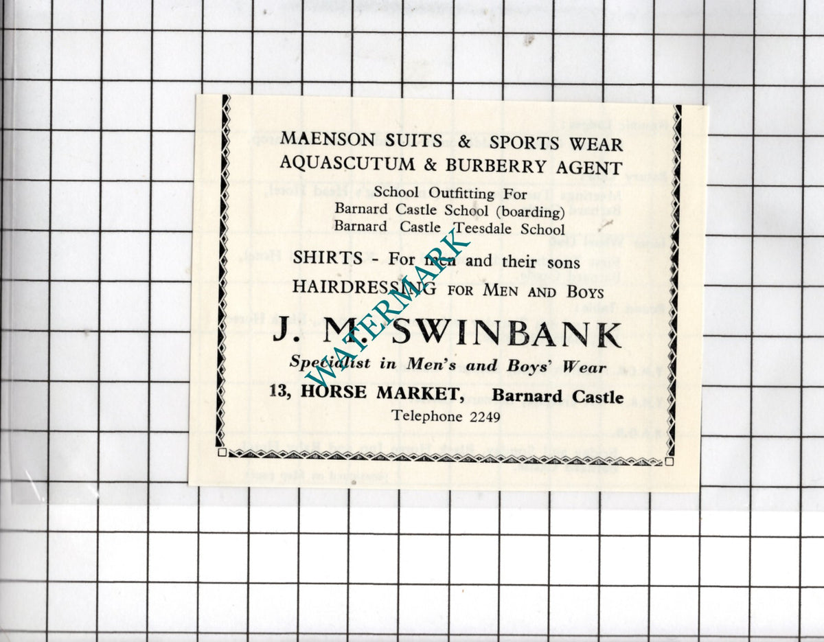 J M Swinbank Clothing 13 Horse Market Barnard Castle Durham -1969 SMALL Advert