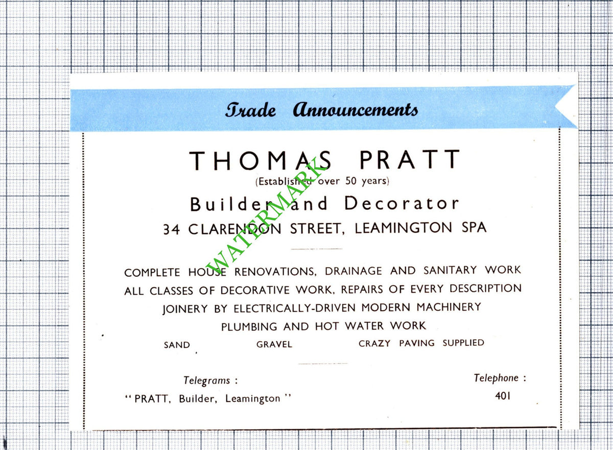 Thomas Pratt Leamington Spa Builder Small Advert - 1930's Cutting