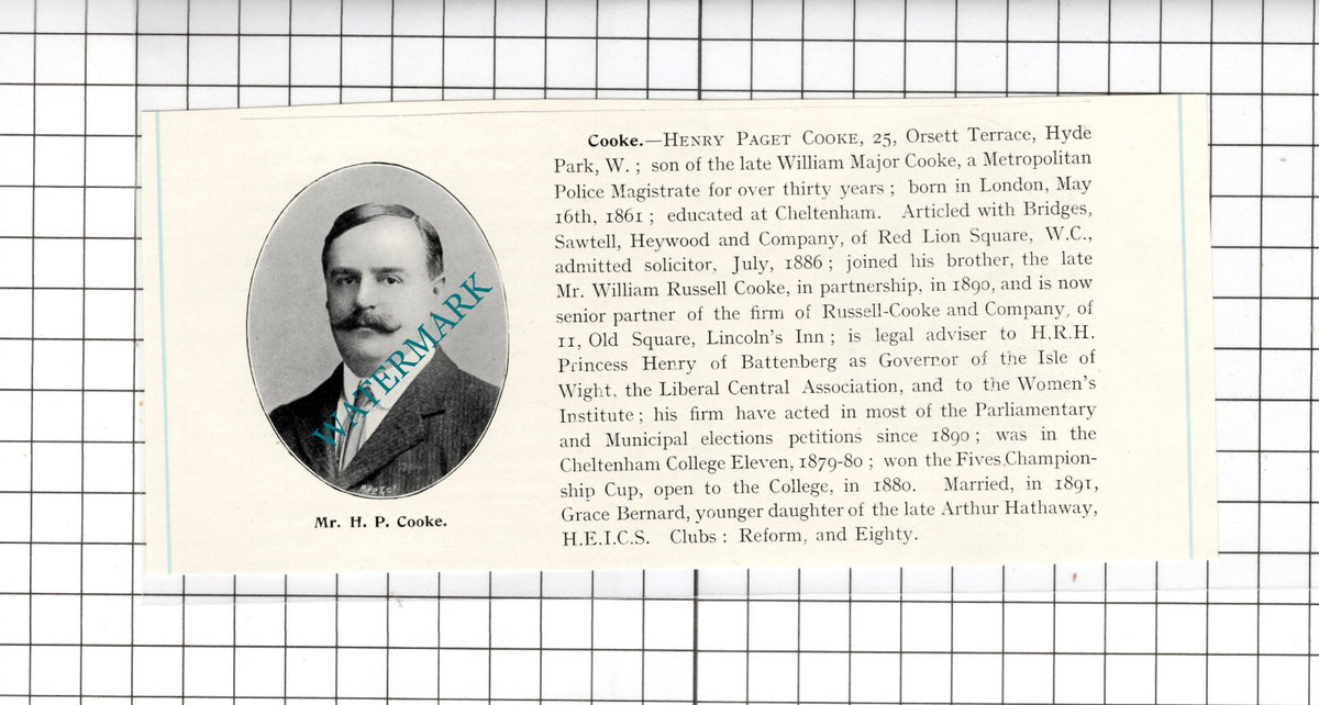 Henry Paget Cooke 25 Orsett Terrace Hyde Park London - c.1905 Clipping