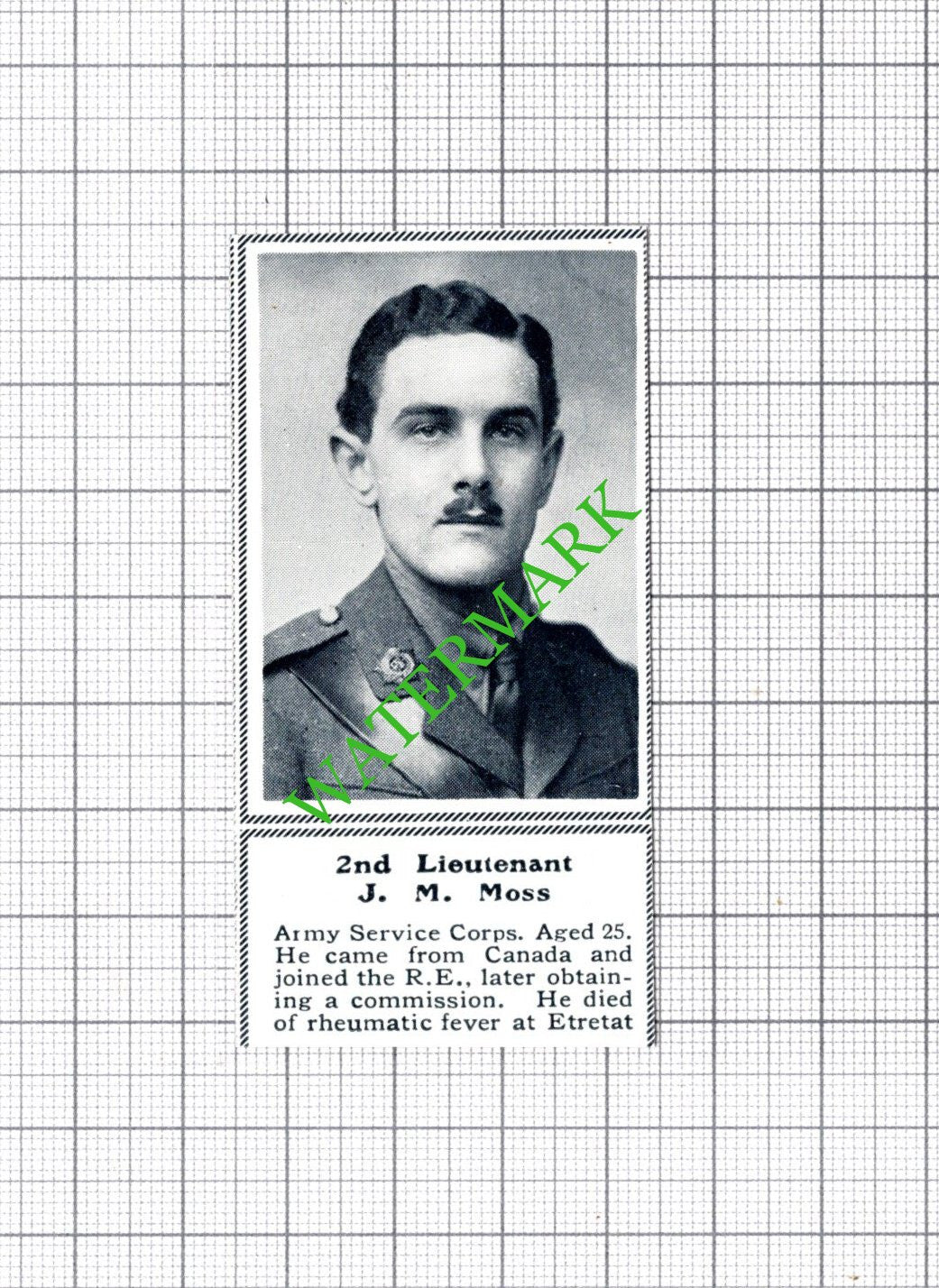 2nd Lt J M Moss Army Service Corps Canada RE Etretat WW1 - c.1918 SMALL Cutting