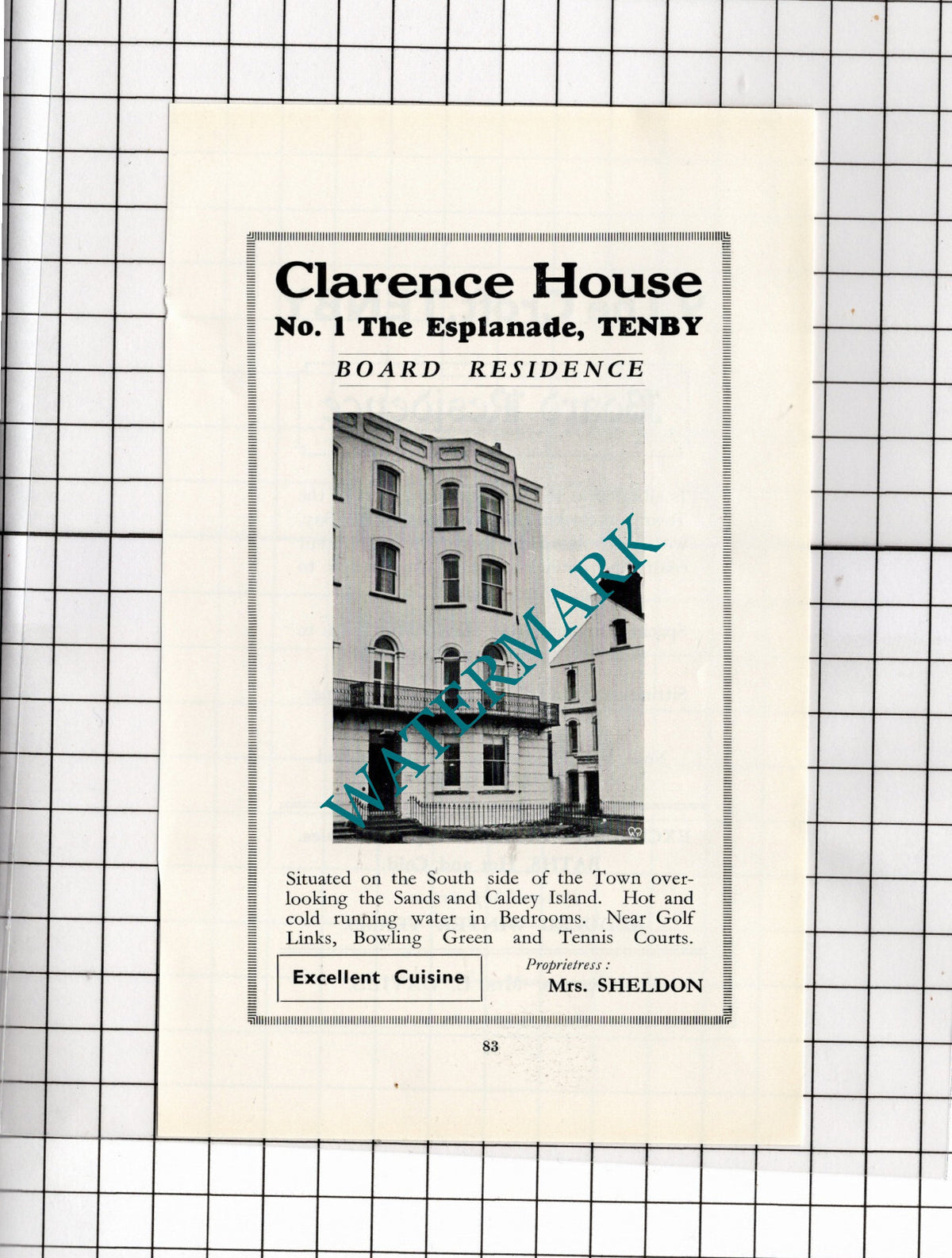 Clarence House Tenby Wales Board Mrs Sheldon Small ADVERT - 1936 Clipping