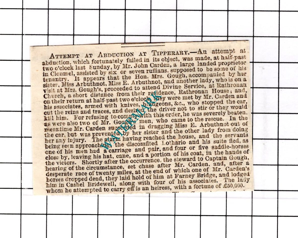 John Carden Clonmel Rathronan House Gough Arbuthnot - 1854 SMALL Clipping