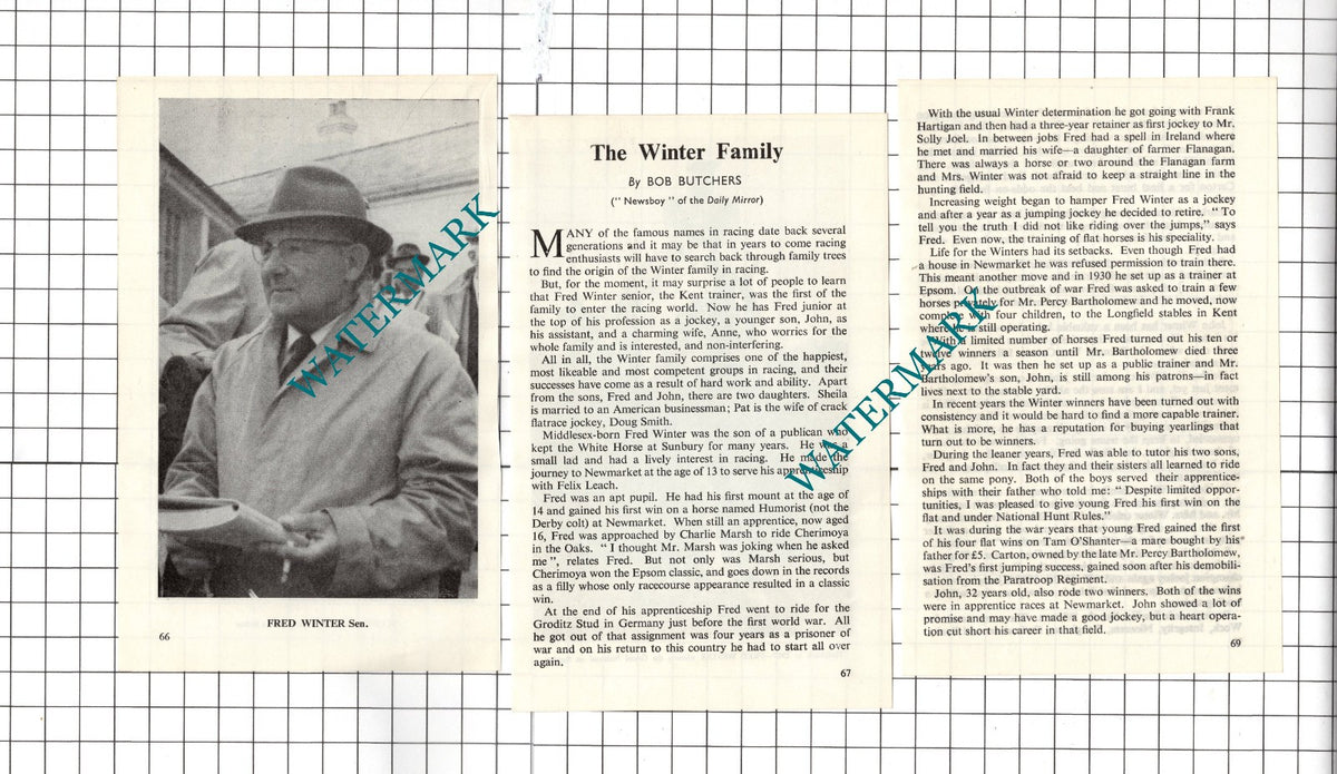 The Winter Family Horse Racing Fred Winter Doug Smith Jockey 1962 Small Article