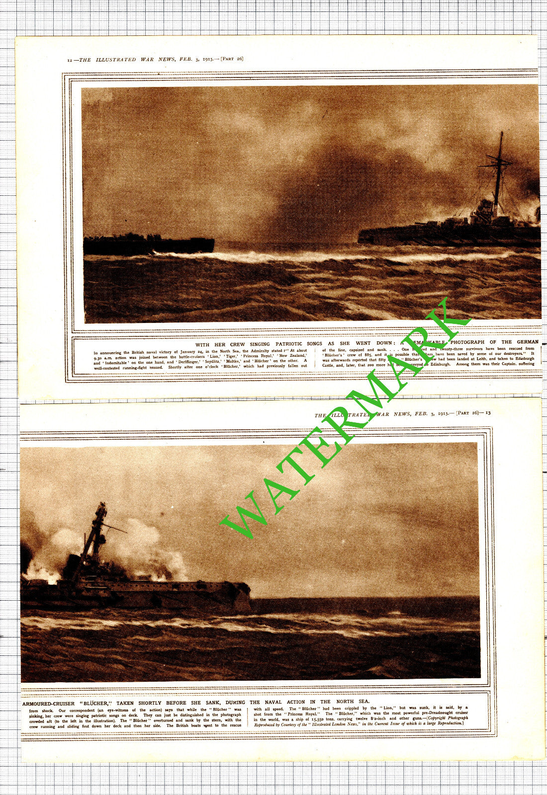 German Armoured-Cruiser Ship BLUCHER Great War WW1 - 1915 2-Part Cutting