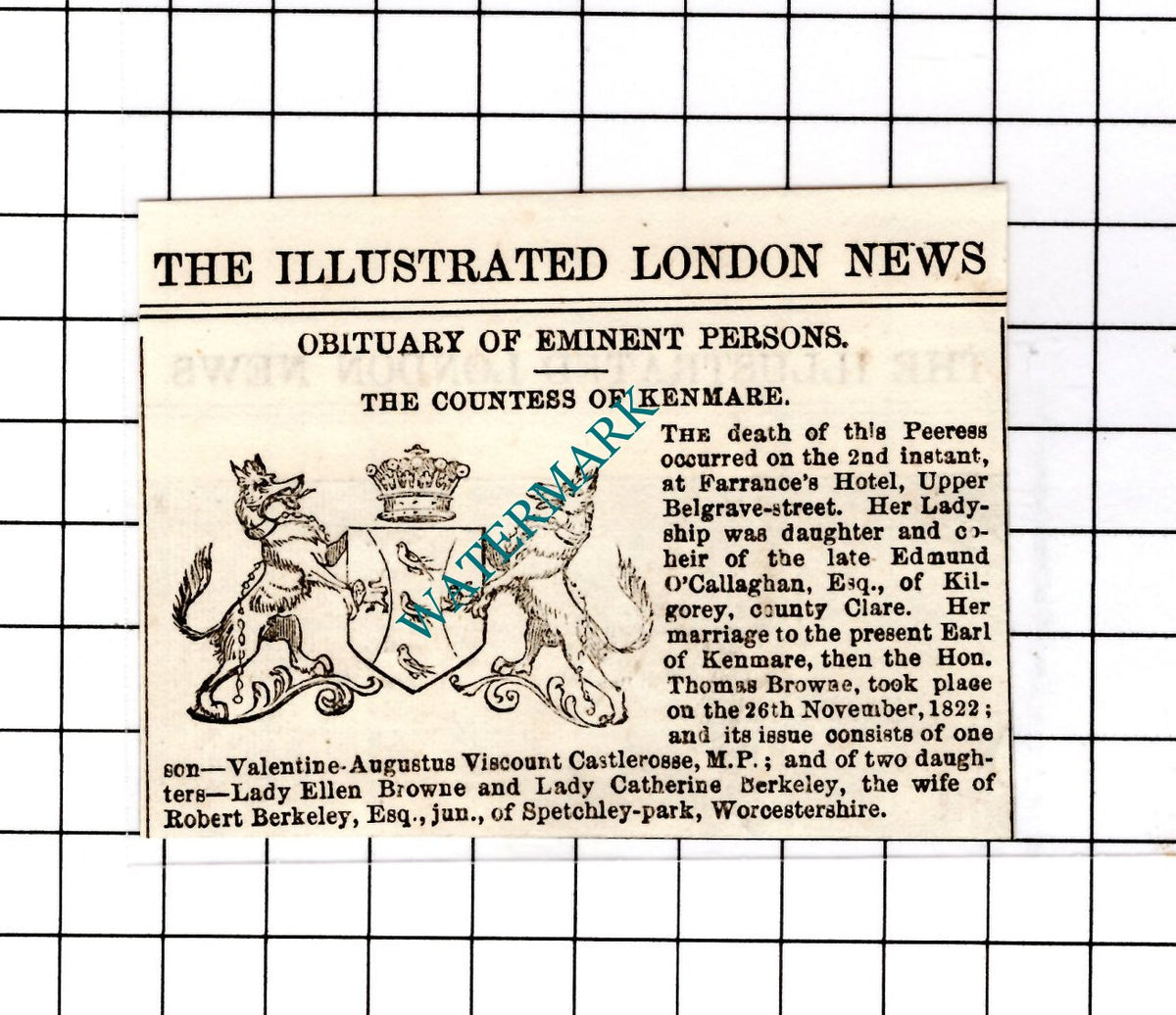 Countess Of Kenmare Edmund O'Callaghan Kilgorey Obituary - 1854 SMALL Clipping