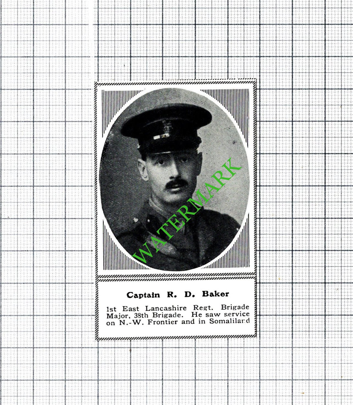 Captain R D Baker 1st East Lancashire Reg 38th Brigade WW1 c.1918 SMALL Cutting
